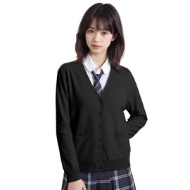 Sillictor School Cardigan, Women's, Uniform, Cardigan, Student, Solid, Knit, V Neck, Sweater, Loose, For School or Work, Black