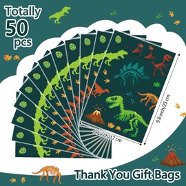 Capoda 50 Pcs Dinosaur Bags Dino Treat Party Favor Candy Goodie Gift Plastic Bags Bulk with Handle for Boy Girl Dinosaur Themed Birthday Baby Shower Party Decor