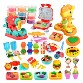 GOVOY Dough Play Set 60pcs Kitchen Creation Color Dough 3 in 1 Hamburger Noodle Ice Cream Making Machine Play Food Toys with Modeling Clays(12 Colors) and Tools for Kids