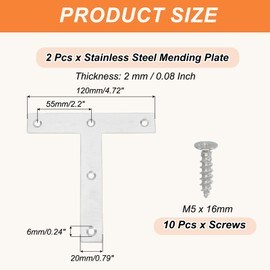 PATIKIL Flat Mending Plate 4.7"x0.8", 2 Pcs Stainless Steel T-Shape Flat Bracket for Shelves Corner Braces Brackets Metal Fixing Joining Plates for Wood Furniture Cabinet Frame Repair
