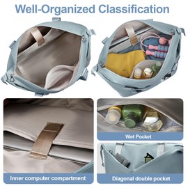 FIORETTO Womens Travel Bag Duffle Bag with Laptop Compartment, Water Resistant Gym Bag Weekend Bag Overnight Hospital Bag Holdall with Separated Shoes Compartment & Wet Pocket Sky Blue
