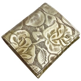 [HARUBE] Kyoto Naniwaya Compact Thin Folding Wallet, Cowhide Leather, Rose Pattern, Embossed, Functional Ladies' # 86-349 "Metallic, Rose", beige