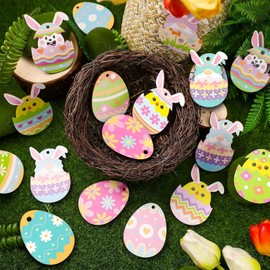 BDUSXYZ 48 Pieces Easter Wooden Hanging Ornaments with Ropes Easter Bunny Eggs Gnomes Ornaments Decorations for Tree Party Decor - A