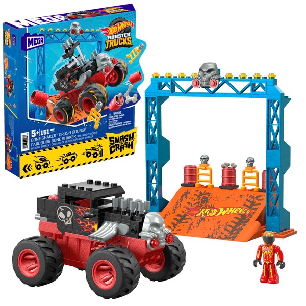 MEGA Hot Wheels Monster Trucks Building Toy, Smash & Crash Bone Shaker Crush Course with 151 Pieces, 1 Figure and 1 Ramp, Red, Kids Age 5+ Years, HKF87