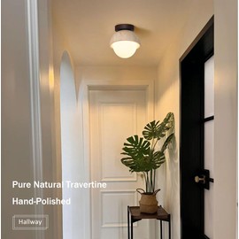 WOSBO Yellow Travertine Ceiling Light, 5.9" Mid Century Modern Flush Mount Ceiling Lamp with White PE Lampshade, Wabi Sabi Ceiling Light Fixture for Bedroom Living Room Kitchen Island Hallway Entryway