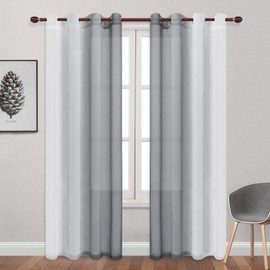 DWCN Ombre Grey Faux Linen Sheer Curtains - Semi Voile Gradient Grommet Top Curtains for Bedroom and Living Room, 52 x 96 Inches Long, Set of 2 Window Curtain Panels