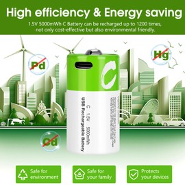 volkate C Batteries 2 Pack, Rechargeable C Cell Batteries with USB-C Charging Cable, LR14 1.5V Lithium Ion Batteries C Size 5000mWh for Flashlights, Remote Controls, Radios, Clocks, Toys