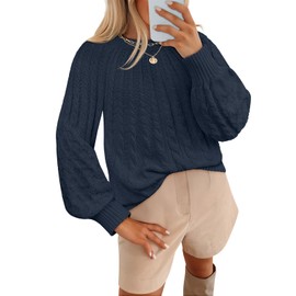 MEROKEETY Women's Fall Cable Knit Sweater 2025 Fashion Warm Crew Neck Lantern Sleeve Chunky Winter Pullover Tops, Navy, Medium