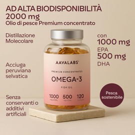 Omega 3 2000mg ad Alto Dosaggio - Olio di Pesce Omega 3 Capsule - Integratore Omega 3 1000mg EPA 500mg DHA per dose giornaliera (2 capsule) - Fish Oil Puro Non-OGM Fonte di Acidi Grassi - 120 softgel