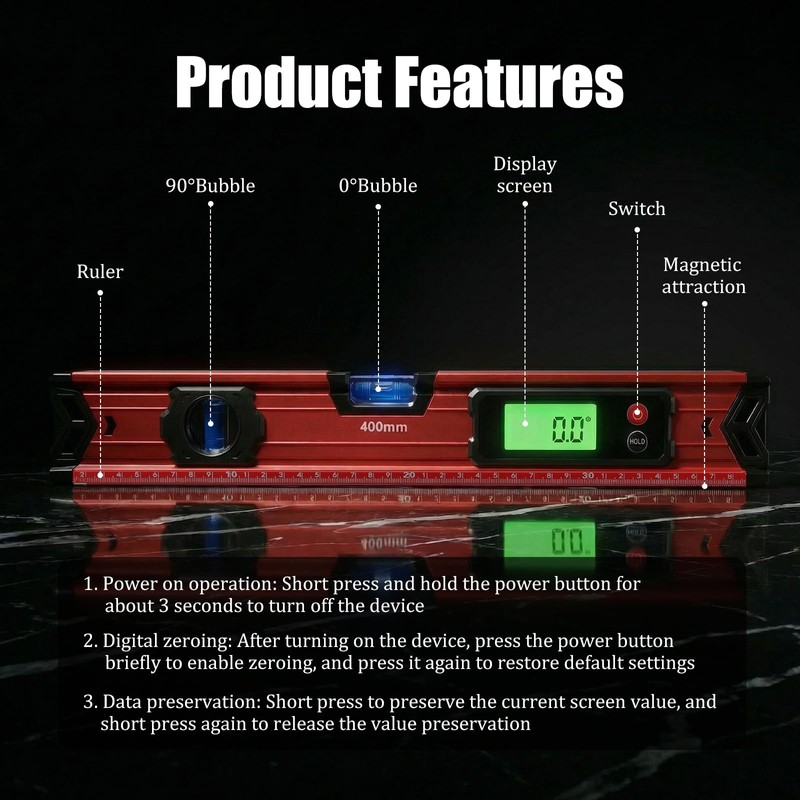 15.7" Digital Level with Backlit LCD Display, High-Precision ±0.1° Magnetic