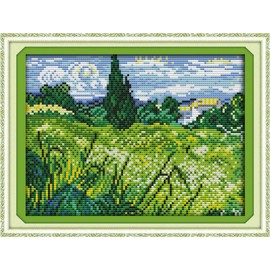 IUHUI 14ct Cross Stitch Set, Pre-Printed for Beginners, Adults, The Field of Van Gogh DIY Cross Stitch Embroidery Kits Embroidery Fabric Templates