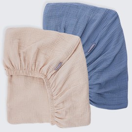 Muslin Crib Sheets for Boys Girls Rutiwa Organic Cotton Crib Sheets Neutral 2 Pack Breathable Baby Mattress Sheets Fit Standard Crib & Toddler Bed Mattress 28"x52"(Denim Blue/New Camel)