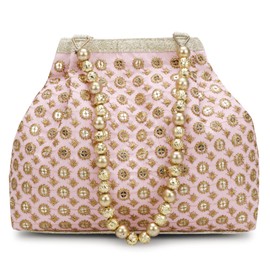 Indian Ethnic Designer Embroidered Silk Potli Bag Batwa Pearls Handle Purse (Pink-1)