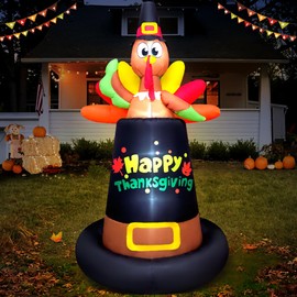 8FT Thanksgiving Inflatables Outdoor Decoration Inflatable Turkey Sits on Pilgrim Hat, Built in LED Lights Blow Up Yard Decorations for Fall Holiday Party Garden Lawn Décor
