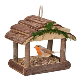 Relaxdays Wooden Bird Feeder for Hanging, HBD: 19 x 22 x 16.5 cm, Garden, Bird Feeder for Small Birds, Natural