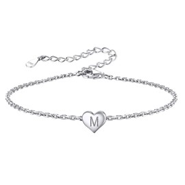 Sterling Silver Initials Bracelet with Letter M Love Heart Charm Chains Bracelets for Mom