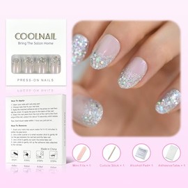 Coolnail Juego completo de uñas postizas holográficas con purpurina degradada plateada, ovaladas, color rosa y desnuda
