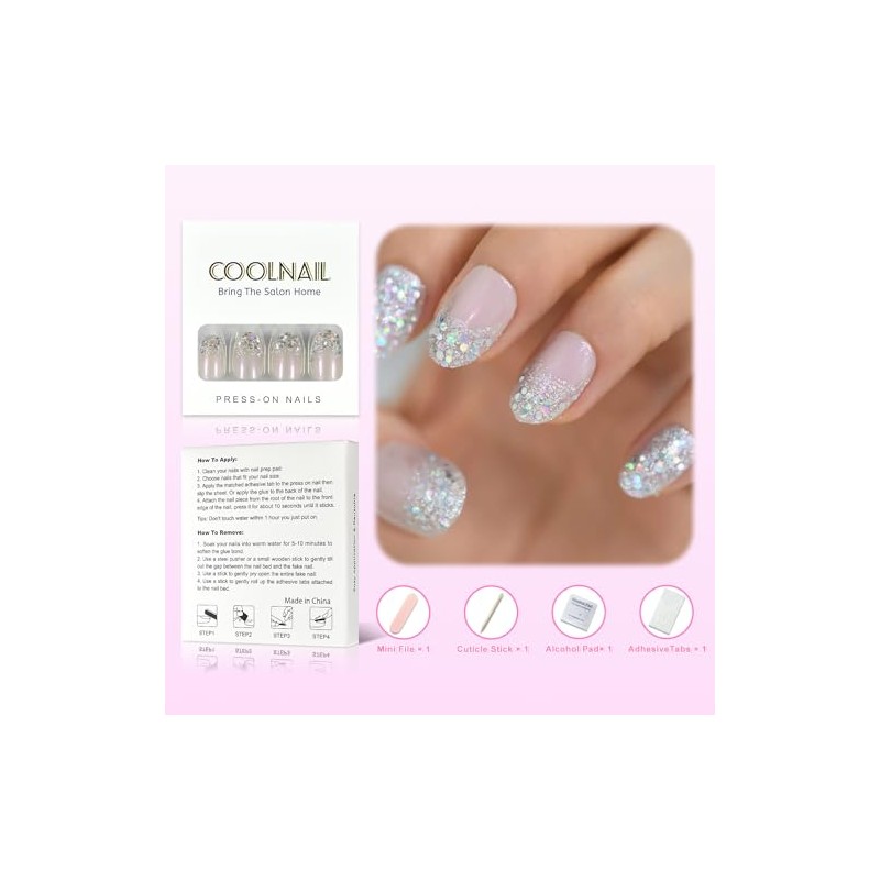 Coolnail Juego completo de uñas postizas holográficas con purpurina degradada
