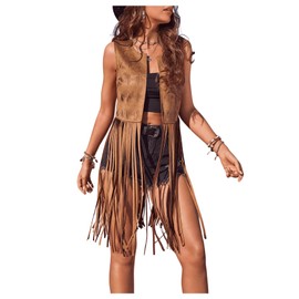 Verdusa Women's Fringe Vest Cowboy Outfit 70s Tassel Sleeveless Western Chic Suede Jackets Hippie Clothes Brown X-Large