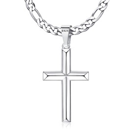 MILACOLATO 925 Sterling Silver Cross Necklace Beveled Edge for Men Women 5mm Diamond-Cut Durable Stainless Steel Figaro Link Chain Cross Necklace Crucifix Pendant Necklace Jewelry 30 Inches