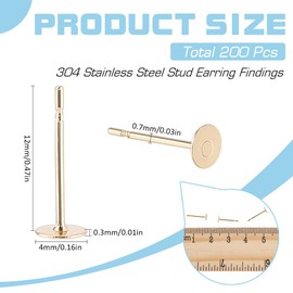 SUNNYCLUE 200Pcs Real 24K Gold Plated Flat Earring Posts Stainless Steel Stud Earring Findings Blank Round Ear Pins Small Tray 4mm Earring Studs for Jewellery Making Earrings Supplies DIY Crafts Women