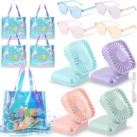 Hortsun 12 Pcs Summer Party Favors Include 4 Personal Necklace Fan Portable 4 Holographic Rainbow Iridescent Handbag 4 Color Therapy Glasses USB Rechargeable Battery Handheld Fan for Sport, Travel
