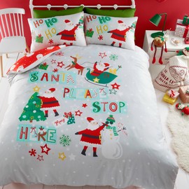 Bedlam - Cartoon Santa Please Stop Here Duvet Cover - Single Bedding Size (140 x 200cm) - Reversible (2 Designs) - 1x Pillowcase Included - Santa Sleigh, Snowman & Christmas Tree Christmas Bedding