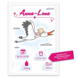 Welcome baby boy picture in frame. High quality print with child's name and date of birth The picture of the birth of a boy with baby on stork.