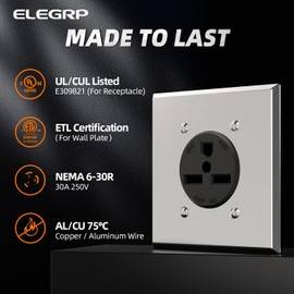 ELEGRP 30A 250V Flush Mounting Power Receptacle, NEMA 6-30R, Straight Blade Power Outlet UL Listed, with Stainless Steel Wall Plate for Welder/Generator/Heavy Duty Industrial Grade, Grounding, 1 Pack