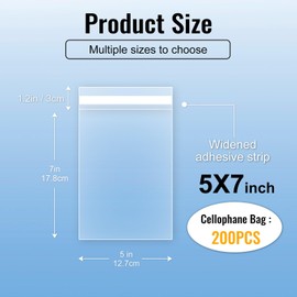MORIDA Clear Cellophane Bags 200 Pcs 5x7 inch Self Adhesive Cookie Bags Candy Treat Resealable Self Sealing Favors Snack Goodie Plastic Gift Packaging Bag