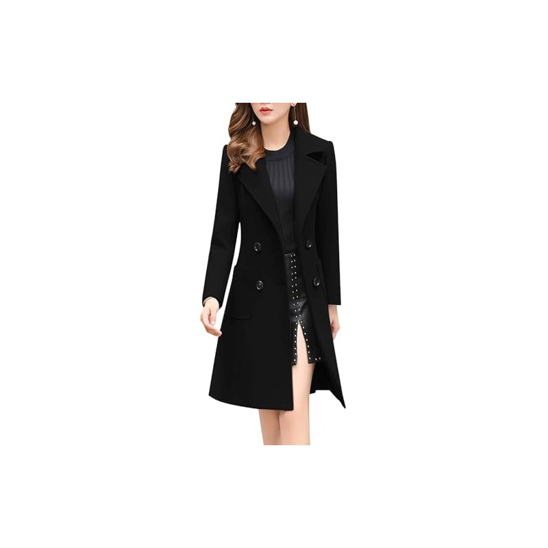 chouyatou Women Elegant Notched Collar Double Breasted Wool Blend Over