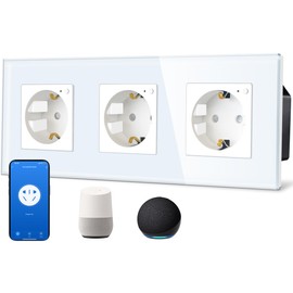 TAWOIA Schuko Smart Socket, 3 Compartments, 16A, App Control, Works with Alexa, Glass Frame, 86 x 86 mm, White, WiFi Only 2.4 GHz