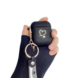 Fycyko Kompatibel mit AirPods Hülle, Airpods 2 hülle und Airpods 1 Case Golden Herz Muster Cover mit Schlüsselanhänger Stoßfeste AirPods Schutzhülle für Mädchen Frau Hülle für Airpods 2 & 1-Schwarz