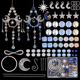 SUNNYCLUE 1 Box DIY 2 Sets Suncatcher Making Kits Crystal Sun Catchers Vintage Blue Orange Faceted Glass Beaded Sun Moon Star Hanging Suncatcher Rainbow Maker for Windows Home Outdoor Garden Decors
