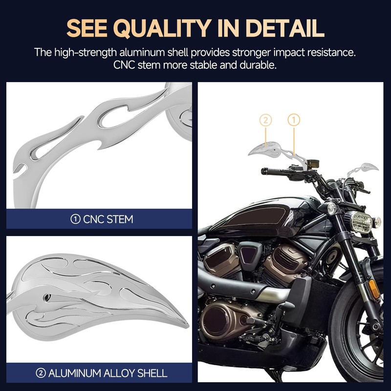 Motorcycle Mirrors for Handlebars - Chrome CNC Adjustable Motorcycle Rearview