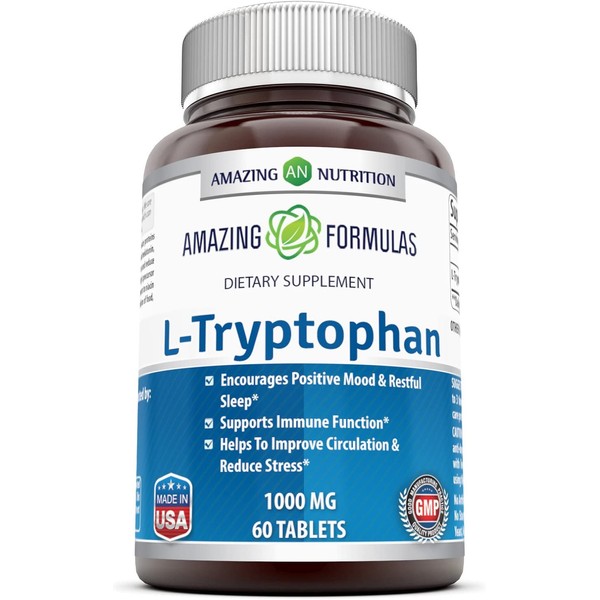 Amazing Nutrition L-Tryptophan Dietary Supplement - Natural Sleep Aid Supplements with 1000 mg of Free Form L Tryptophan - for Stress Relief, Circulation & Immune Support - 60 Tablets