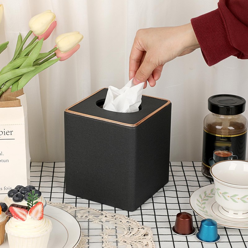 BTSKY Household Square Linen Tissue Box with Decorative Gold Line