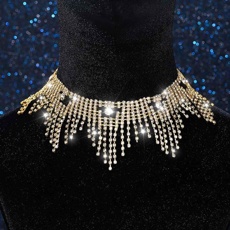 JAKAWIN Diamond Choker Necklace Gold Sparkly Rhinestone Porm Jewelry for