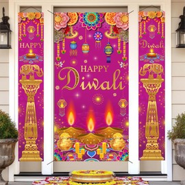 AIBIIN 3PCS Happy Diwali Banners Decorations for Home Clearance Happy Diwali Door Porch Sign Decorations Banner Purple Dipawali Party Decor Wall Hanging Decor