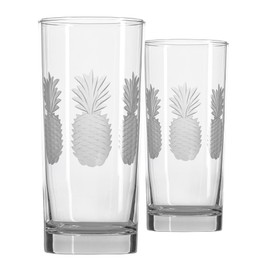 Rolf Glass Fresh Pineapple Highball Glass | 15oz Cooler Glasses | Lead-Free and Diamond-Wheel Engraved | Heavy Base, Thick Glass | Made in the USA | Tropical Etched Pineapple | Set of 2
