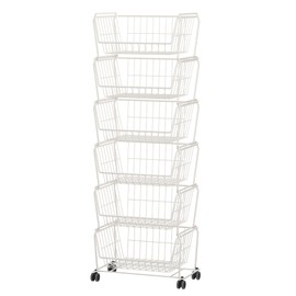 PUSDON Stackable Metal Storage Carts, Dual Use Shelf for Kitchen Fruit Vegetable Baskets with Wheels, Storage Rack for Living Room, Home & Office, Standard White 6 Tiers