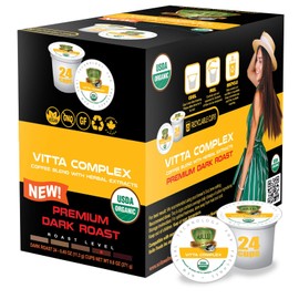 Sollo VITTA Dark Roast, Organic Coffee Pods - Enhanced with Vitamins B & D3 for Immunity Support, USDA Certified, Compatible with Keurig 2.0 K-Cup Brewers, 24 Ct