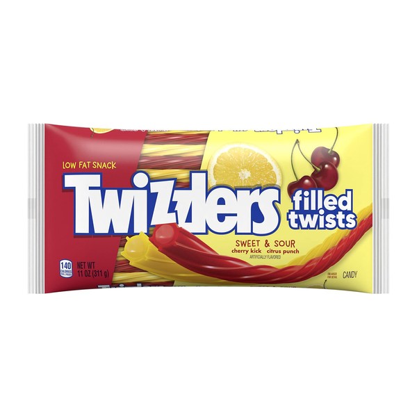 TWIZZLERS Filled Twists Sweet and Sour Cherry Kick Citrus Punch Flavored Chewy Candy, Bulk, Low Fat, 11 oz Bags (12 Count)
