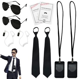 WanderGo Secret Agent Costume Accessories, Pack of 10 Men in Black Costume Accessories, Security Guard Accessories with Tie, Sunglasses, Card Holder, Headphones Tube, Card for Adults, Child, Cosplay,