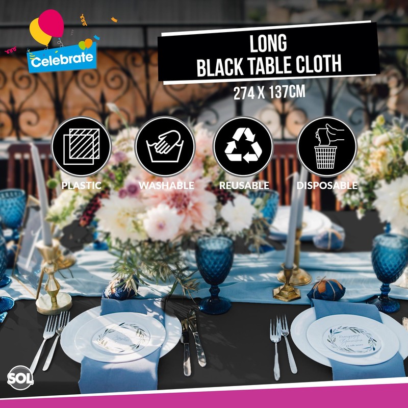 2pk Long Black Table Cloth Party | 274 x 137cm