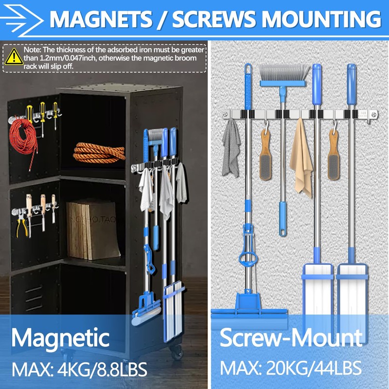 3-H Magnetic Broom Holder Wall Mount 2 Pack, 2-in-1 Dual