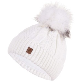 Faera Winter Hat Women's Warm Lined Faux Fur Bobble Hat Cable Knitting Pattern Fleece Lining Bobble Winter Autumn Knitted Hat Beanie Girls 61, White