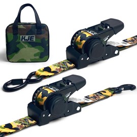 KJE Retractable Ratchet Tie Down Straps (2Pack), Camo 2" x 10' Heavy Duty - 3,310lb Max Break Strength, Upgrade S-Hook with Clip, Self Retracting Ratchet Strap for Motorcycle, Kayak, ATVs, Boats