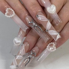 Square Fake Nails Long Press On Nails Bow With Heart Pearl Design Cute False Nails Full Cover Acrylic Nails Artificial Nails Glossy Glue On Nails Reusable Stick On Nails For Women 24pcs