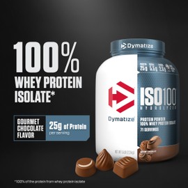 Dymatize ISO100 Whey Protein Powder Isolate, Gourmet Chocolate, 25g of Protein, 5 Pound, 5.5g BCAAs, Less Than 120 Cal., Gluten Free, 1g Fat, 1g Sugar, 2g Carb (71 Servings)